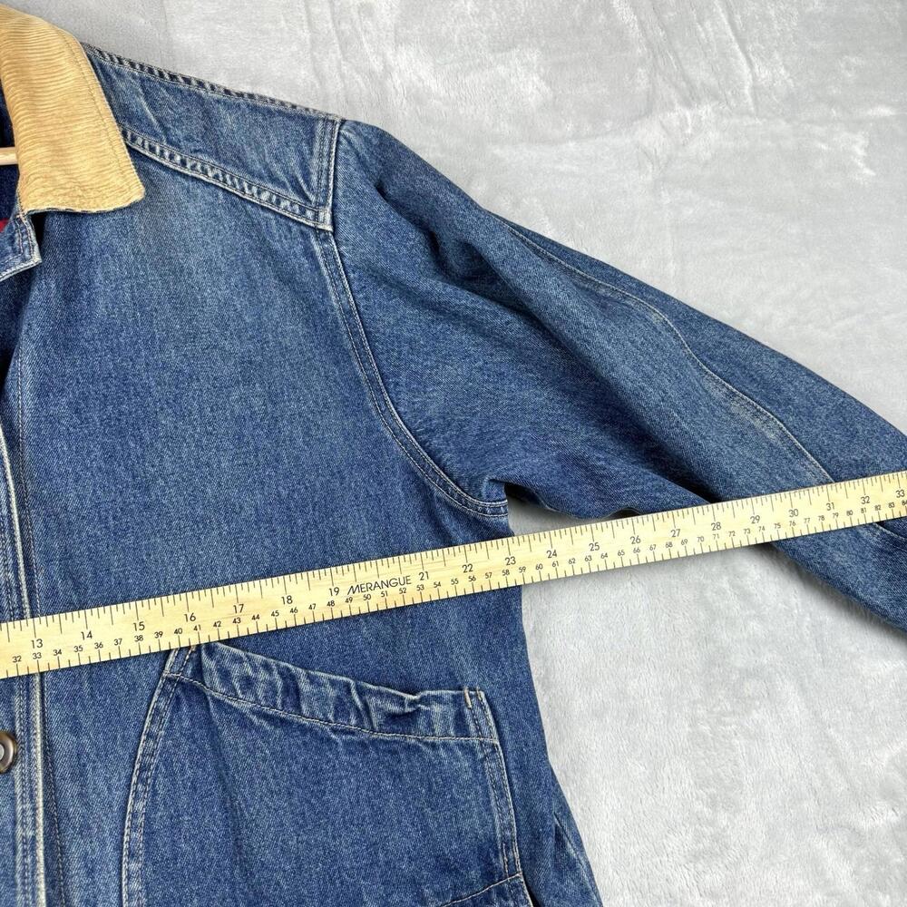 Vintage Eddie Bauer Women Denim Jean Chore Jacket Long Coat Dual Pocket Size L - Picture 4 of 9